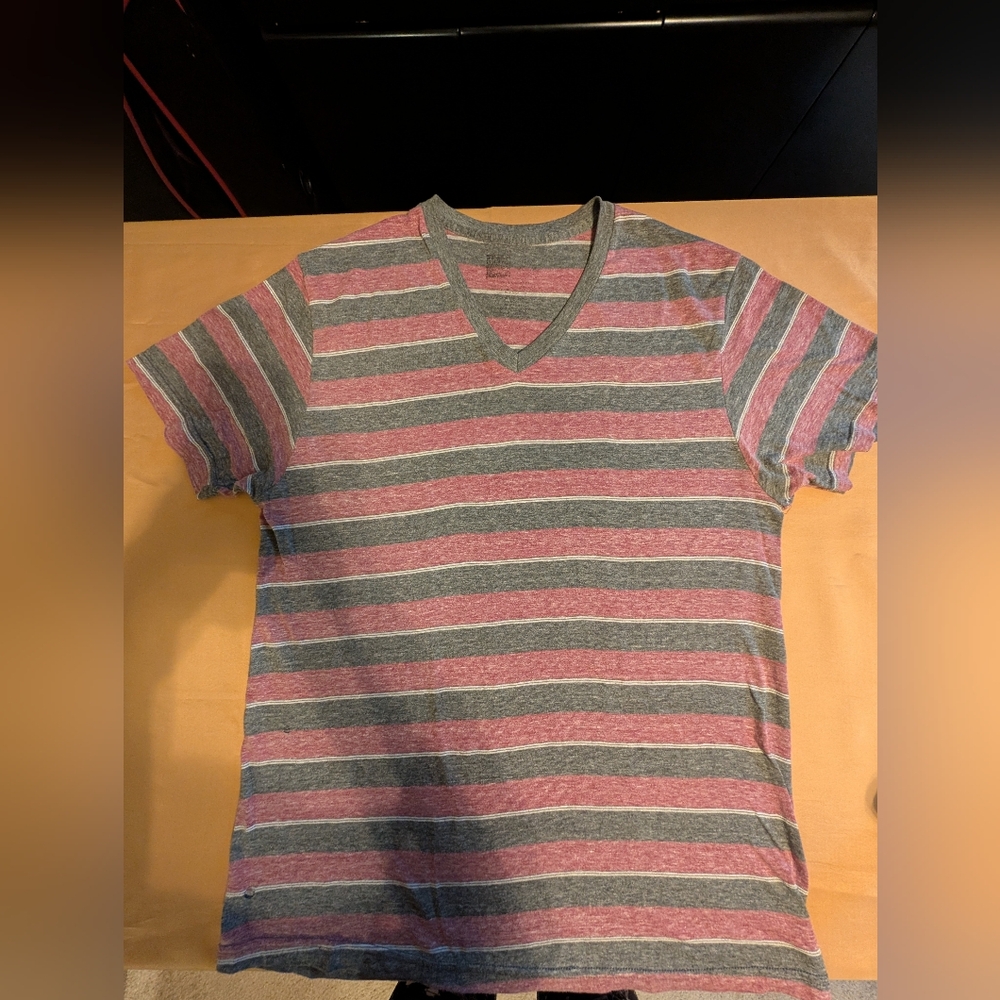 Men's Striped V-Neck T-Shirt- Gray and Red